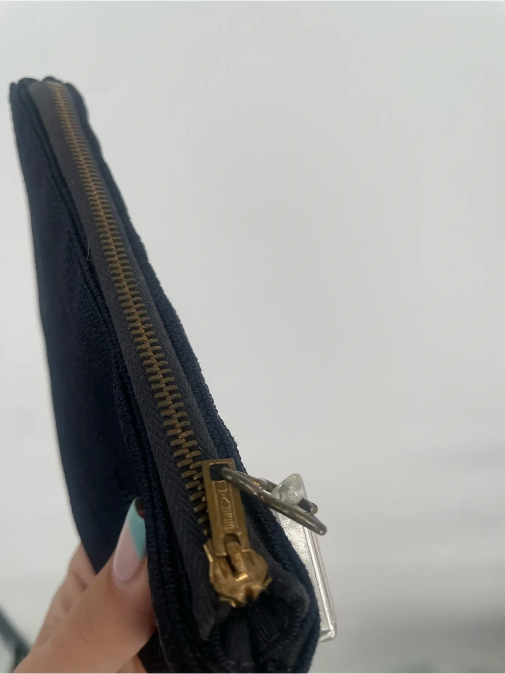 Navy Blue 1940s Textured Small Zip Pouch Clear Lucite Charm Metal Zip Clutch